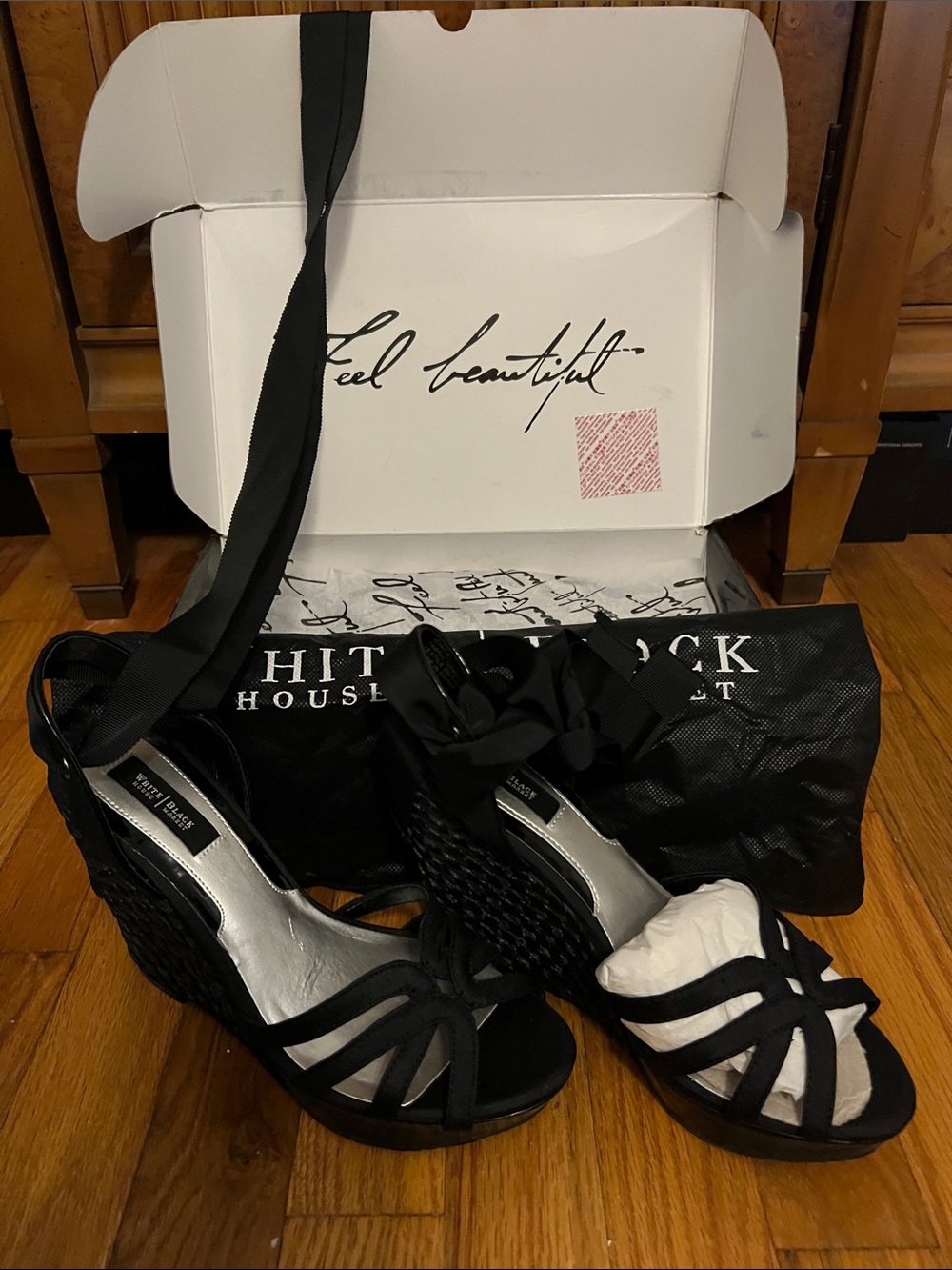 White House Black Market Black Strappy Wedge Sandals